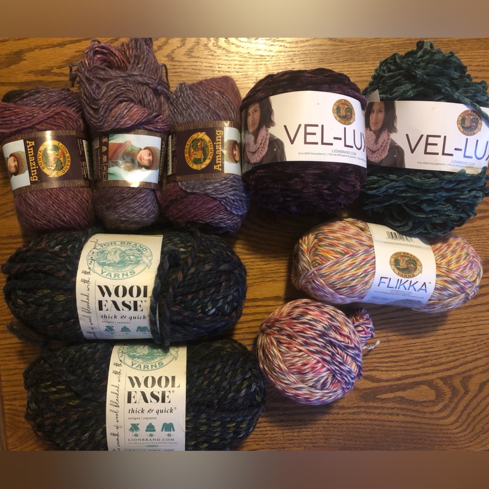 Lot of Lion Brand Yarns, wool ease, amazing, vel-luxe, flikka